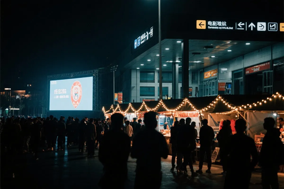 费城球迷广场夜景：大屏观赛人群、步行指示牌与公共交通入口